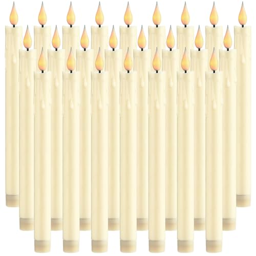 Image of Baquler 24 Pcs 10 inch Ivory Flameless Taper Candles LED Stick Battery Operated | Candle Sticks Bulk, No Battery, Flickering LED Candlestick, Window Wedding Halloween Christmas Decor, Plastic
