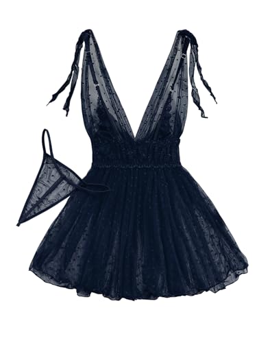 Image of Lilosy Sexy Polka Dots Mesh Sheer Lace Babydoll Chemise Lingerie Set Floral Sleep Wear
