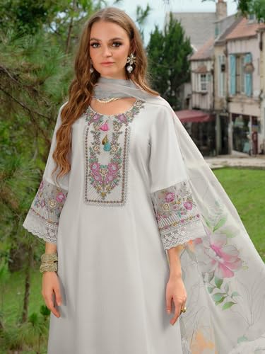 Image of INDO ERA Women's A-Line Silk Blend Floral Embroidered Kurta & Pant with Dupatta Set (IEOUT10970)
