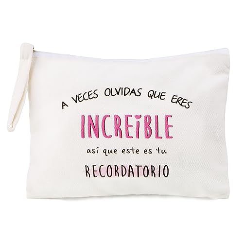 GEBETTER Kit Regalo Mujer 1*Bolso Neceser + 1*Tarjeta + 1*Sobre Kraft, Bolsa Aseo Frase Motivadora Cartera Mano Estuche Maquillaje Cosmético Viaje Multiuso Navidad Cumpleaños Lona 20x14 cm (Blanco)
