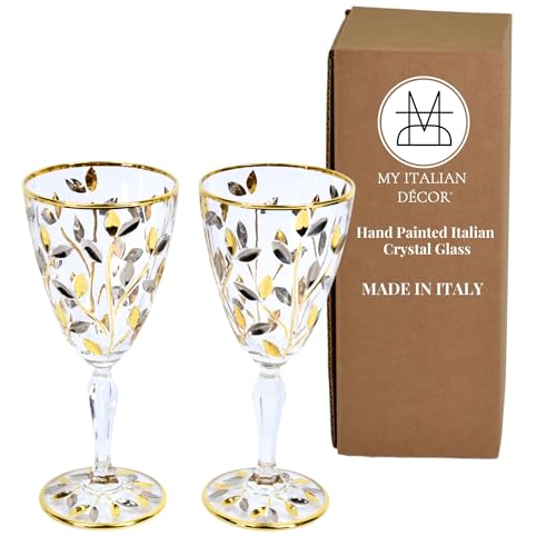 MY ITALIAN DÉCOR Flowervine Crystal Wine Glasses, Hand-Painted Italian Crystal, Platinum & Gold, 8 oz Set of 2, Made in Italy