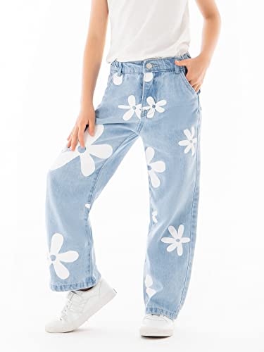 WDIRARA Girl's Floral Print High Waist Button Wide Leg Jeans Long Denim Pants4
