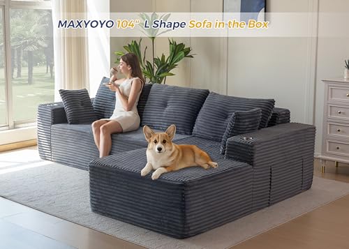 Image of MAXYOYO 104 inch Modular Sectional Couch with L-Shape Chaise, Modern Boneless Couch for Living Room, Sofa in A Box, Oversized Sofa with Deep Seat, No Assembly Required, Dark Grey
