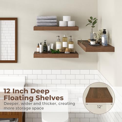 Fun Memories 12 Inch Deep Floating Shelves, 67 Inch Long Extra Large Floating Shelves for Home & Office, Wall Shelves with Invisible Bracket, Walnut, Set of 1 by Fun Memories - Used condition - Image 5