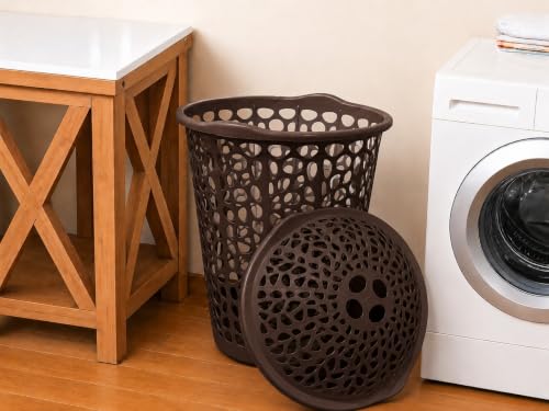 Image of KITCHIVO Plastic Large 55 Ltr Laundry Basket with Lid & Handle | Multipurpose Hamper Bins Storing Washable Clothes, Blankets | Household Ideal for Home & Bathroom (Round Brown)