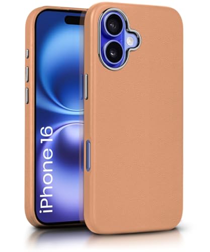 Image of WOW IMAGINE Back Cover for iPhone 16 | Shockproof Tough Leather Texture Hard Mobile Case | Ultra Slim Non-Slip Grip | Inner Velvet Fabric | Metal Camera Ring - Tan Brown