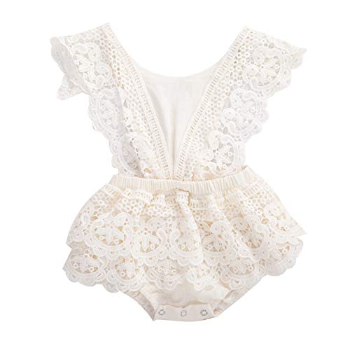 Baby Girl Lace Ruffle Romper Butterfly Sleeve Backless Embroidered Bodysuit Outfit (3-Beige, 18-24 Months)