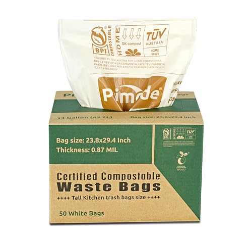 Primode Compostable Bags, 13 Gallon Food Scraps Yard Waste Bags, 50 Count, Extra Thick 0.87 Mil. ASTMD6400 Compost Bags Small Kitchen Trash Bags, Certified By BPI And TÜV AUSTRIA