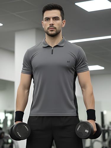 Image of White Moon Dryfit Tshirt for Men, Gym T Shirt for Men Workout - Running with Collar Zipper Neck and Side Panel, Quick-Dry, Anti-Odor Sports Tshirt, Lightweight & Breathable