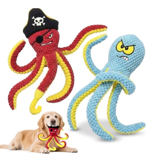 Image of Interactive Octopus Dog Toy, Plush Dog Toy with Crinkle Paper & Squeaker, Tug of War Dog Toy for Small Medium Large Dogs, Soft Dog Chew Toy for Indoor Play, Puppy Training (J-Octopus-Green+Red)