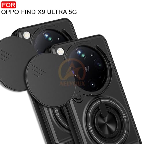 Image of Oppo Find X9 Ultra 5G Back Cover | Armor Camera Slider 360 Degree Rotating Finger Ring Holder Case with Bracket Stand Back Case Cover (Compatible with MagSafe Accessories) (Black)