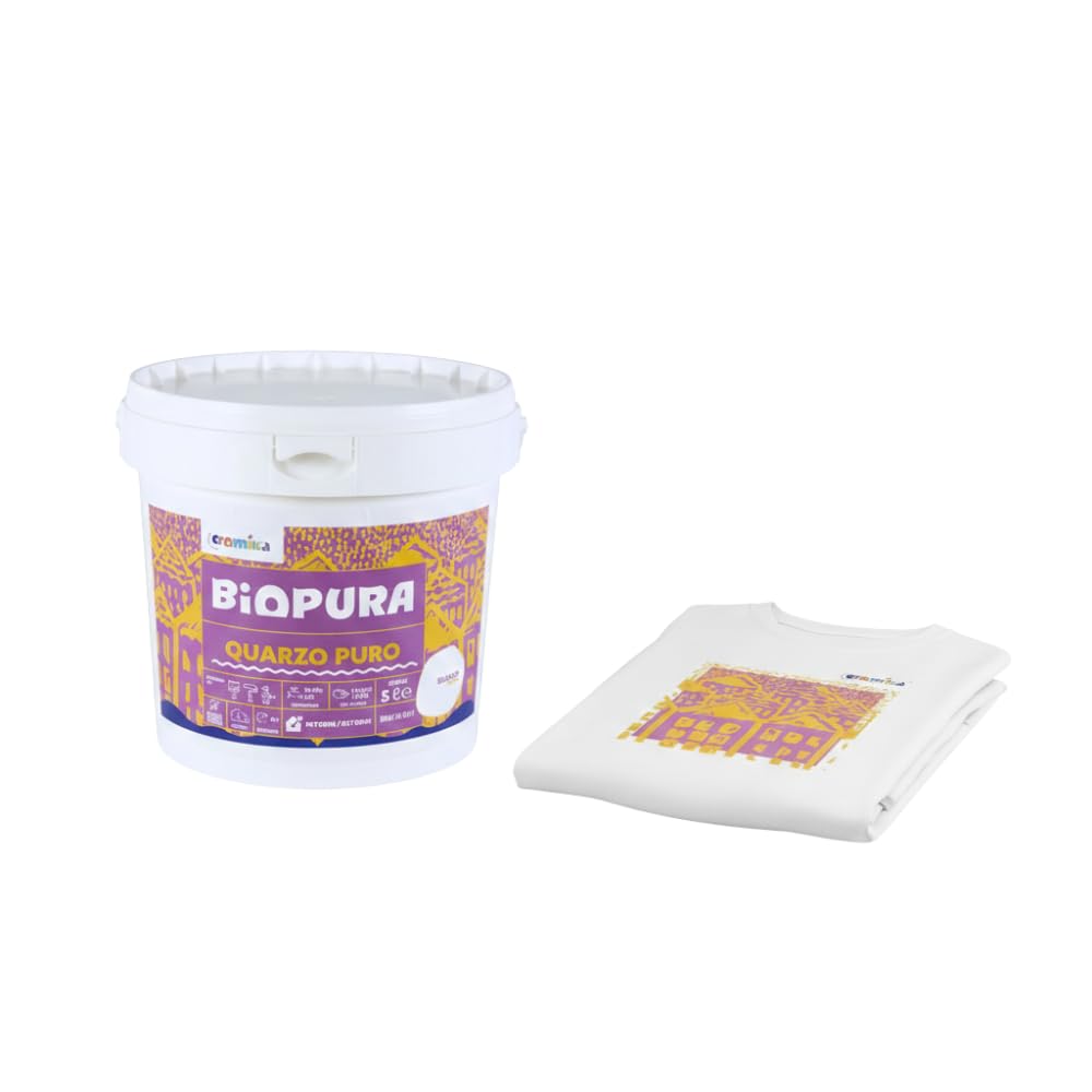 Kit Pittura Murale Quarzo Puro 5L con T-Shirt Smiling Houses, Bianco, Finitura Opaca, Cotone, Taglie S-M-L-XL, Design Pop Art (M)