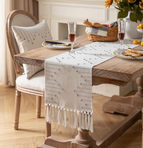 Boho Table Runner 13 x 108 Inch Long Natural Cotton Woven Runner with Tassels for Home Dining Table décor, for Modern Farmhouse Decor Coffee Table Runner, Grey and Beige by Caflife - Used condition - US$16.68