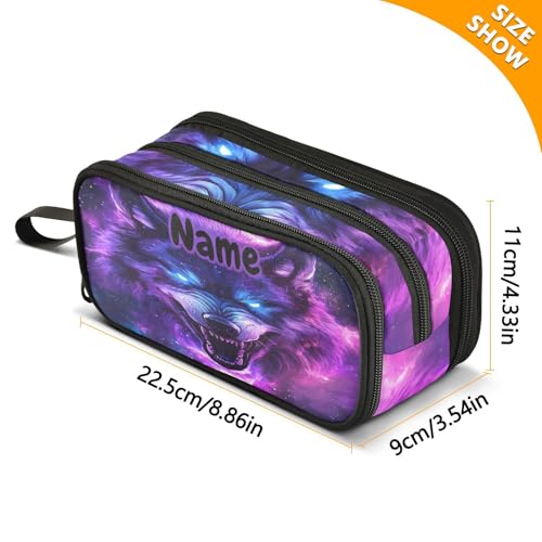 Image of Custom Blue Eyes Wolf Purple Galaxy Pencil Case Box Boys Girls Personalized Name Large Pencil Pouch Stationery Pen Bag Organizer for Kids Adults School Office
