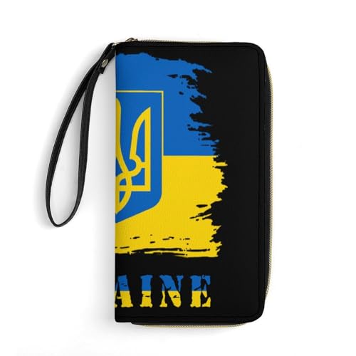 Vintage Ukrainians Flag Leather Wallet for Womens Men, Patriotic Flag PU Zip Wallet with String Around Long Large Purse Coin Card Holder Ladies Billfold