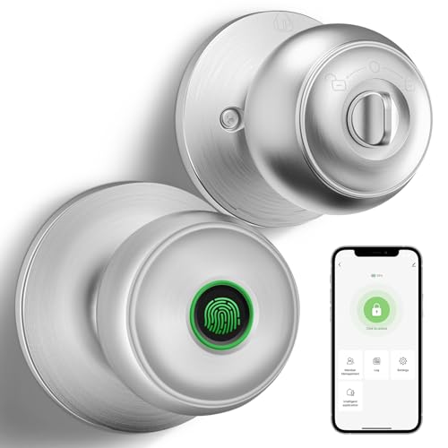GeekTale Fingerprint Door Lock for Bedrooms Fingerprint Door Knob with Lock Smart Door Lock App Control Back-up Keys Thumbprint Door Knob for Bedrooms Office Apartment
