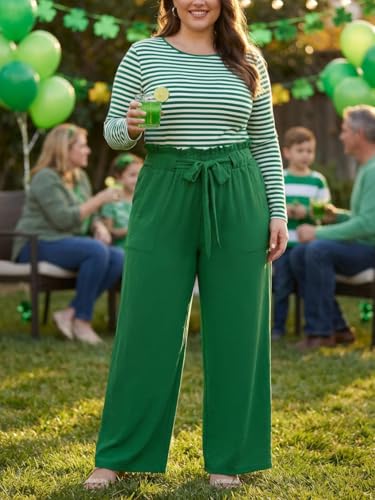Image of OLRIK Women's Plus Size Pants Adjustable High Waisted Wide Leg Palazzo Pants Casual Trousers with Pockets Spring Clothes