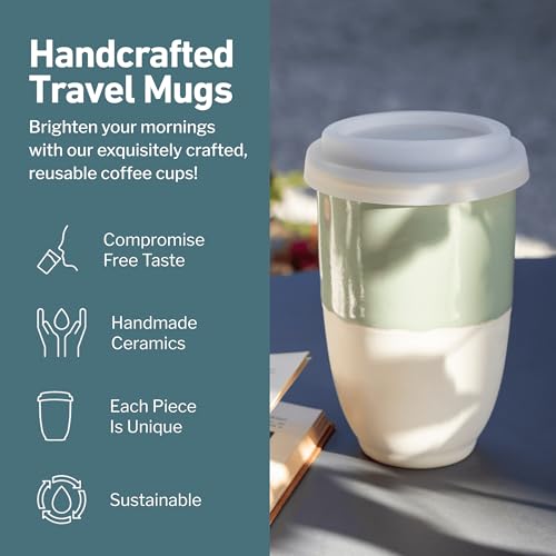 Image of NOVA CERAMICS Travel Mug - Ceramic To Go Coffee Mug With Lid - Travel Mug Ceramic To Go Cup - Microwave & Dishwasher Safe Ceramic Coffee Mug With Lid - Gifts For Women Men Him Her - 12oz - Sage Green