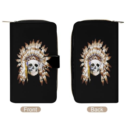Native USA Skull PU Leather Womens Wallet Large Capacity Zippered Bifold Purse with 12 Card Slot Coin Case, 19.7x11x3.5cm, style-123