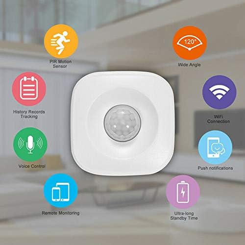 Icons representing various features of the motion sensor: PIR Motion Sensor, Wide Angle, History Records Tracking, WiFi Connection, Voice Control, Push Notifications, Remote Monitoring, Ultra-long Standby Time.