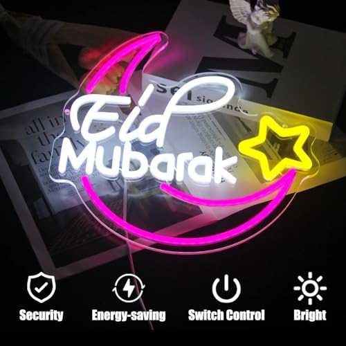 Image of Eid Mubarak Neon Sign Islamic LED Lights for Wall Mosque Eid Al Adha Decor | Eid Al Fitr Supply, Ramadan Mubarak Decoration, Dimmable Moon Star Neon Light, Muslim LED Sign, Acrylic Wall Art, USB Powered