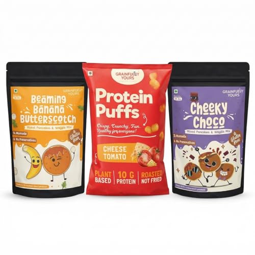 Image of Grainfully Yours Healthy Breakfast & Snack Combo - Pancake & Waffle Mix Cheeky Choco & Banana Butterscotch, Cheesy Tomato Protein Puffs, High Protein, Plant-Based, No Preservatives