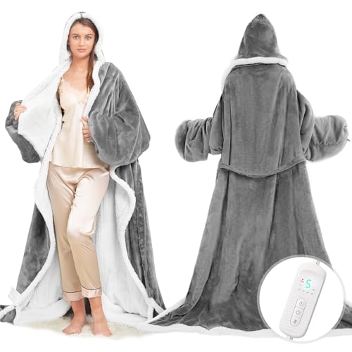 Wearable Heated Blanket with Foot Pocket Electric Wearable Throw Blanket with Sleeves Hood Portable Heated Blanket with 8 Heat Settings 1-10 Hours Auto Shut-off Gift for Family Friends 50*70