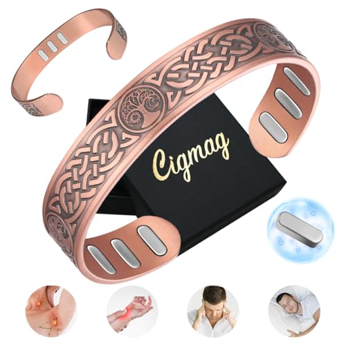 Cigmag Kupfer Magnetarmband Herren Männer, mit 9 starken 5000-Gauss-Magneten, verstellbar aus 99% Reinkupfer (Sonne Mond Lebensbaum)