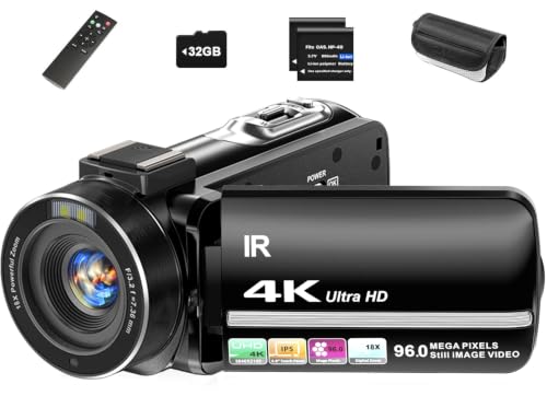 Aidzhi 4K Video Camera Camcorder 96MP UHD Vlogging Camera for YouTube 18X Digital Zoom 3.0 IPS 270° Rotation Touch Screen Video Recorder with Remote Control, Night Vision, 32GB Card, 2 Batteries