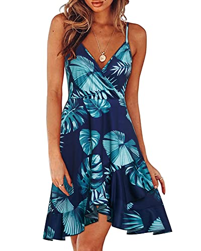 ULTRANICE Damen Sommerkleider Blumenmuster Kleid V-Ausschnitt Strandkleid Verstellbaren Spaghettiträger Rüschen Freizeitkleid(Floral05,S)