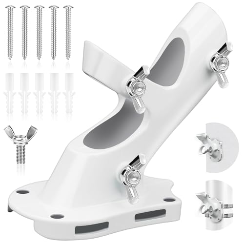 Flag Pole Bracket for House, REERON 2-Positions Metal 1' Flagpole Holder Mounts, Aluminium Rustproof Outside Flag Pole Wall Porch Mounting Brackets with 3 Fixed Holes & Steel Hardwares (White-1 Pack)