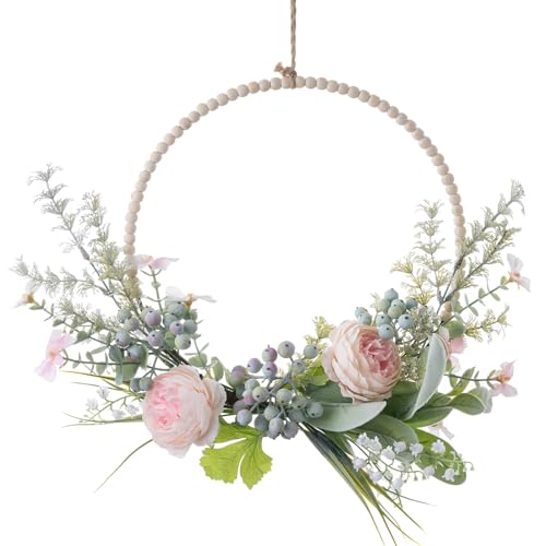 LOMOHOO Coroa de pérolas de madeira e flores artificiais: decoração de primavera e verão para porta de entrada com peónias, folhas verdes e sinos