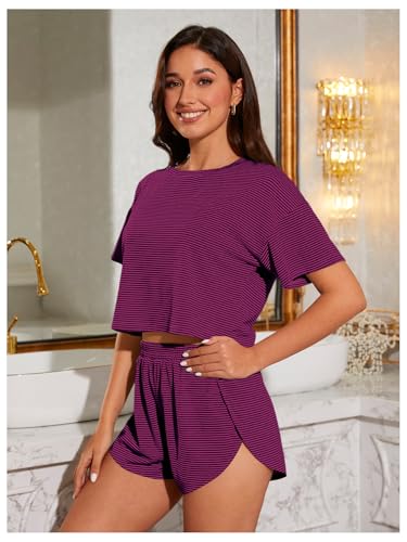 Image of OYOANGLE Womens Pajama Sets 2 Piece Sexy Lounge Sets Summer Cute Pjs Striped Print Tee and Side Split Shorts Set