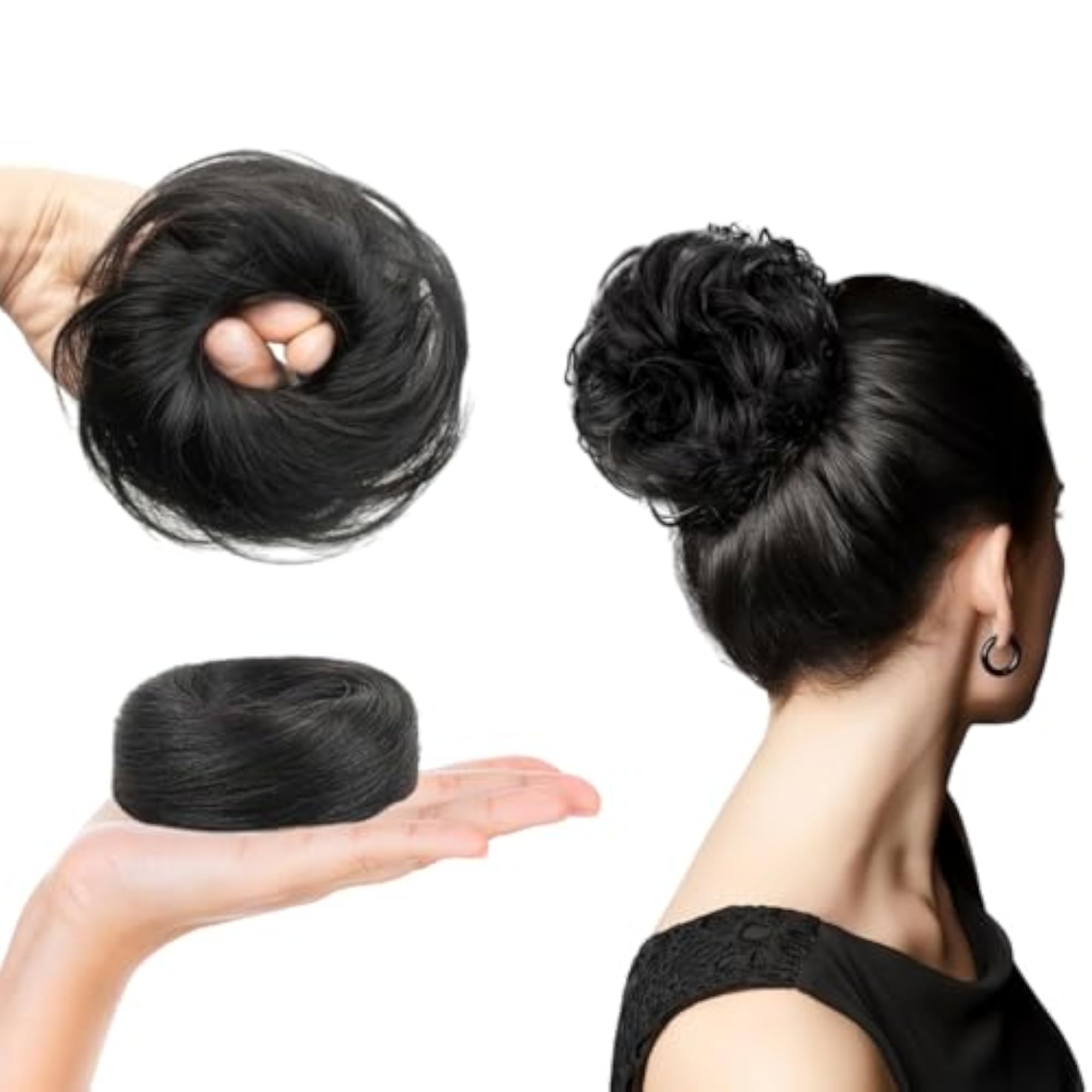 Natural Black Human Hair Buns, Messy Juda Bun with Elastic Band