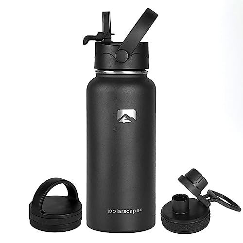 Polarscape Stainless Steel Insulated Water Bottle with Straw - Metal Water Bottle, Includes 3 Lids, 2 Straws, and Straw Brush - Wide Mouth, Double-Walled, BPA Free, Leak Proof - 1L Black