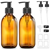 8 oz Glass Soap Dispenser with Pump，Homepicker Amber Pump Bottle Dispenser with Labels for Lotions, Aromatherapy Essential Oils - 2 Pack (Amber)