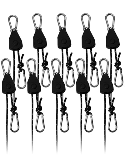 Image of 10 Pack 1 /8 inch Ratchet Tie Down Straps, 13 FT Longer, Adjustable Rope Hangers | Reinforced Metal Gear, Ratcheting Pulley System with 2 Carabiner Hooks for Hanging Plants, Grow Lights, Bulk Efficiency