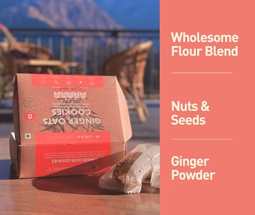 Image of Nourish Organics Ginger Oats Cookies | Wholesome Cookies with Ginger & Oats | Made with Seeds, Almonds & Coconut Jaggery | High Fibre Snack | No Refined Sugar | 120g Pack