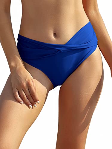 SHEKINI Women's Bikini Bottom Twist Front Swimsuit Brief Ruched Medium Waisted Bathing Suit Bottoms Royal Blue
