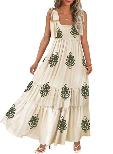 Image of CURBODO Women's Summer Maxi Dress Boho Spaghetti Straps Casual Long A-line Smocked Beach Dress Square Neck Flowy Sun Dress