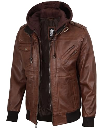 Decrum MCF Men Leather Jackets Big And Tall - Hooded Mens Leather Jacket | [1122956] Edinburgh Tan, XXLT