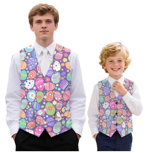 Wdktrgetd Boys Green Suit Vest V-Neck Boy's Formal Suit Vest Youth Slim Dress Vests for Easter Business Spring Summer School Boys Fashion Vests With Back Strap,Two Pockets Egg Print Size 9-10 Years