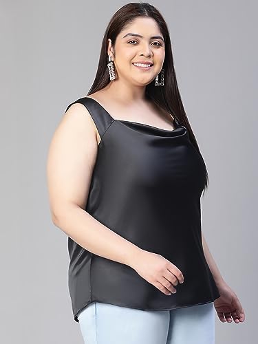 Image of oxolloxo Women Solid Sleeveless Shoulder Strap Cowl Neck Plus Size Satin Top