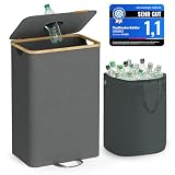 SONGMICS Pfandflaschen-Sammelbehälter, 95 L Pfandflaschen-Behälter, Flaschensammler Leergut, Recycling-Behälter, mit Loch, Deckel, Innensack mit Griffen, Küche, schiefergrau-naturbeige RRB509G01