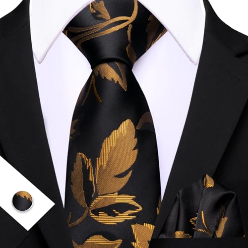 Image of Barry.Wang Flower Ties for Men Silk Woven Floral Tie Sets Necktie Handkerchief Cufflinks Wedding Party