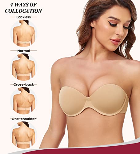 Joateay Women's Push Up Padded Strapless Plunge Underwire Balconette Tshirt Bra Convertible Strap(Nude 34B) #TOP3