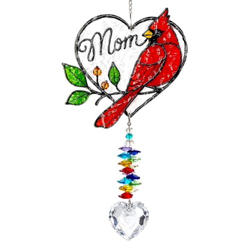 Image of Mom Memorial Ornament, Acrylic Heart Cardinal Suncatcher with Crystal Pendant, Stained Glass Style Christmas Tree Hanging Decor, Sympathy Gift for Loss of Mother, Bereavement Remembrance Gift