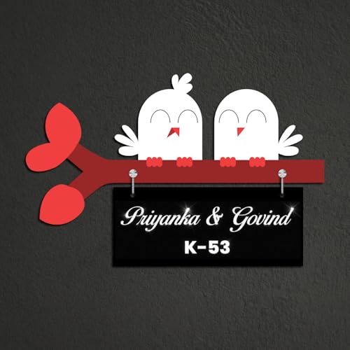 Image of Love Birds Hanging Nameplate for Home Entrance | Customized Name Plate with MDF & Acrylic | Decorative Wall Name Plate for Indoor Use