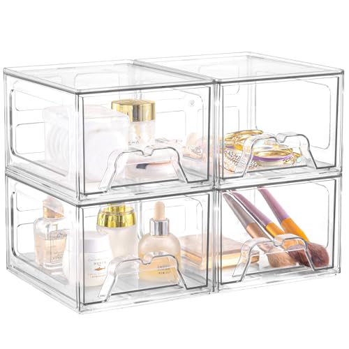 Plastic Drawers Storage, 4 Pack Clear Stackable Storage Drawers, Acrylic Storage Bins with Drawers for Fridge Organizers, Small PlasticDrawers Stackable for Makeup Organizers Cosmetic Display