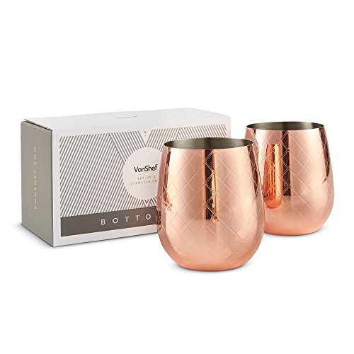 VonShef Stemless Wine Glasses, Etched Copper Stainless Steel, Set of 2